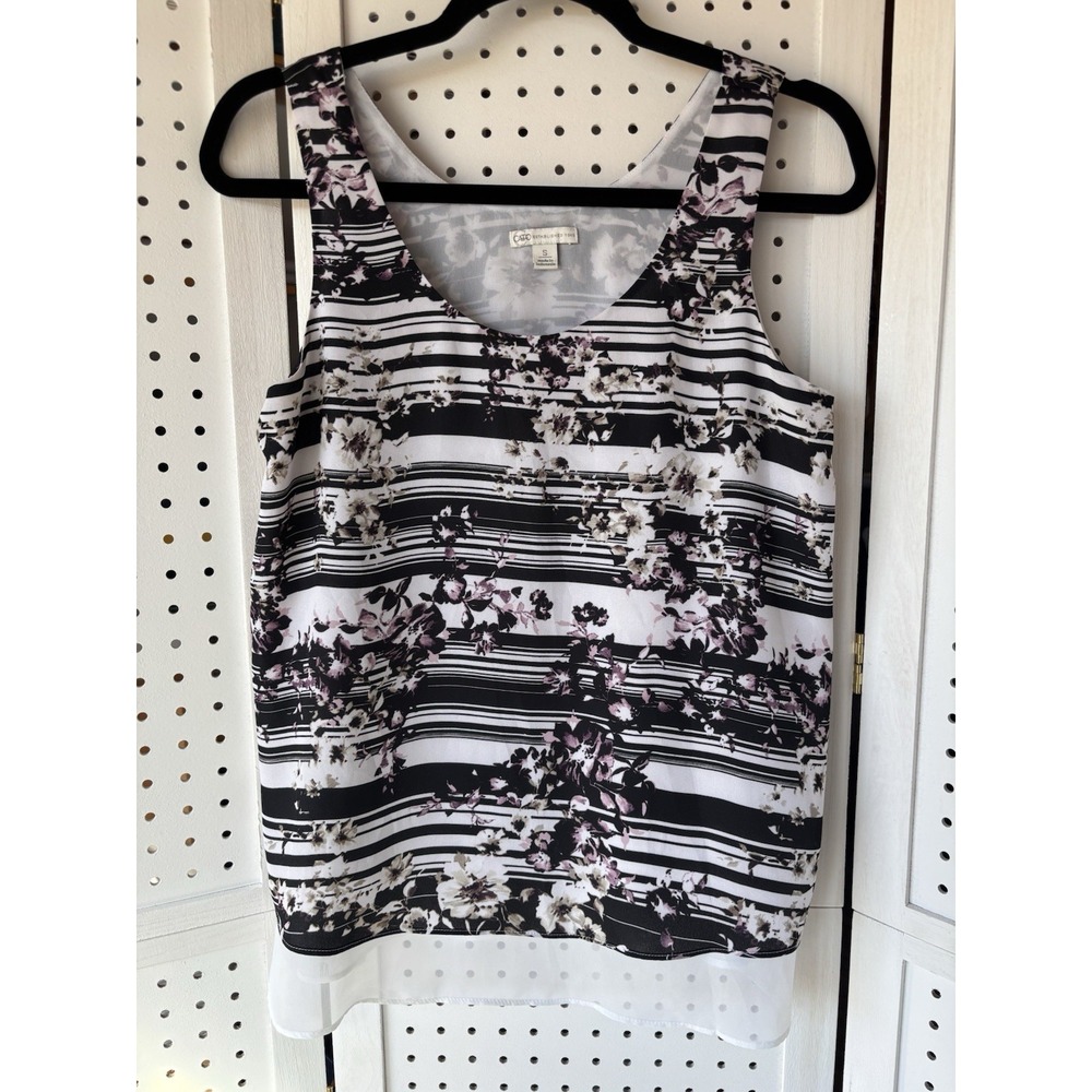Cato Black Purple White Floral Print 100% Polyester Tank Top Women's Size Small